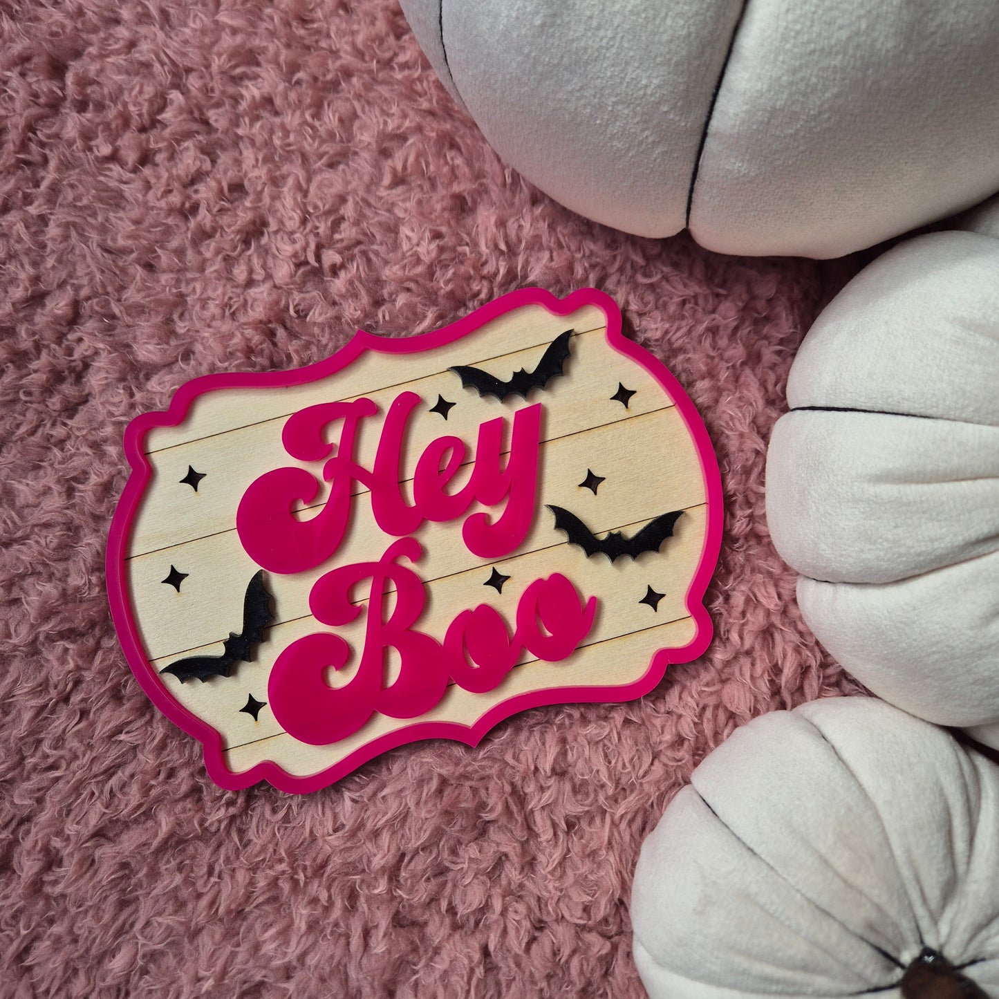 Hey Boo Retro Hot Pink Sign| Wooden and Acrylic Halloween Decor