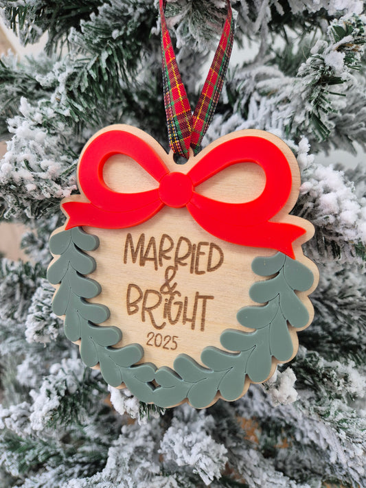 Married and Bright Christmas Hanging Ornament - Personalised Newlyweds Tree Decoration