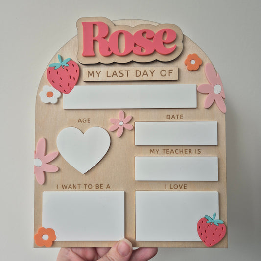Personalised Strawberry Flowers Back to School Board - Reusable Wooden and Acrylic Sign
