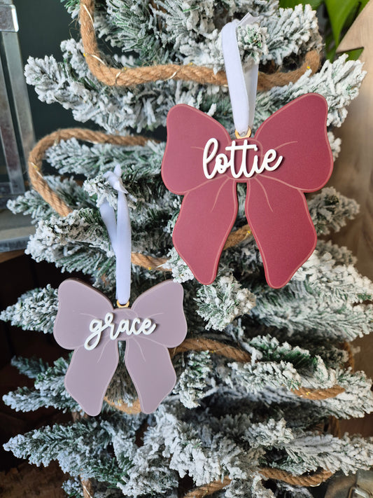 Christmas Bow Name Stocking Tag - Acrylic and Wooden Hanging Decoration