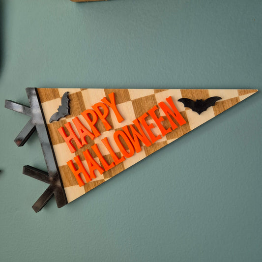 Happy Halloween Checkerboard Wooden and Acrylic Pennant Flag