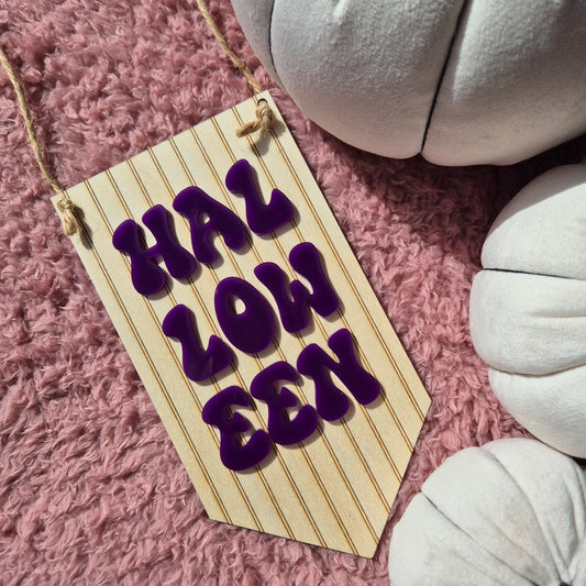 Retro Halloween Hanging Sign | Acrylic and Pinstripe Wooden Hanger