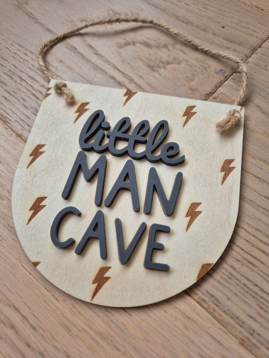 Little Man Cave Lightening Bolt Wooden Hanging Sign