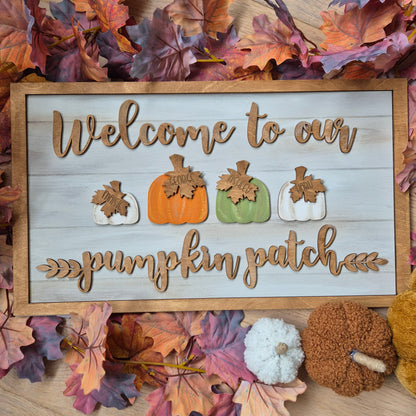 'Welcome to our Pumpkin Patch' Personalised Sign | Large Rustic Wooden Family Wall Art
