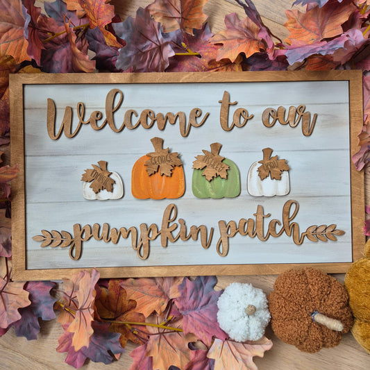 'Welcome to our Pumpkin Patch' Personalised Sign | Large Rustic Wooden Family Wall Art