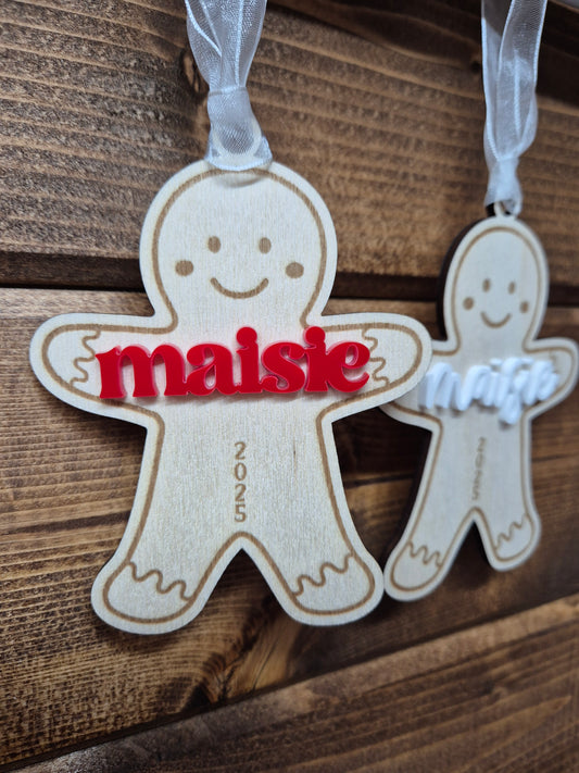 Christmas Gingerbread Man Name Stocking Tag - Wooden and Acrylic Hanging Decoration