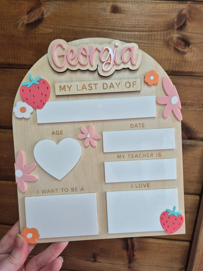 Personalised Strawberry Flowers Back to School Board - Reusable Wooden and Acrylic Sign