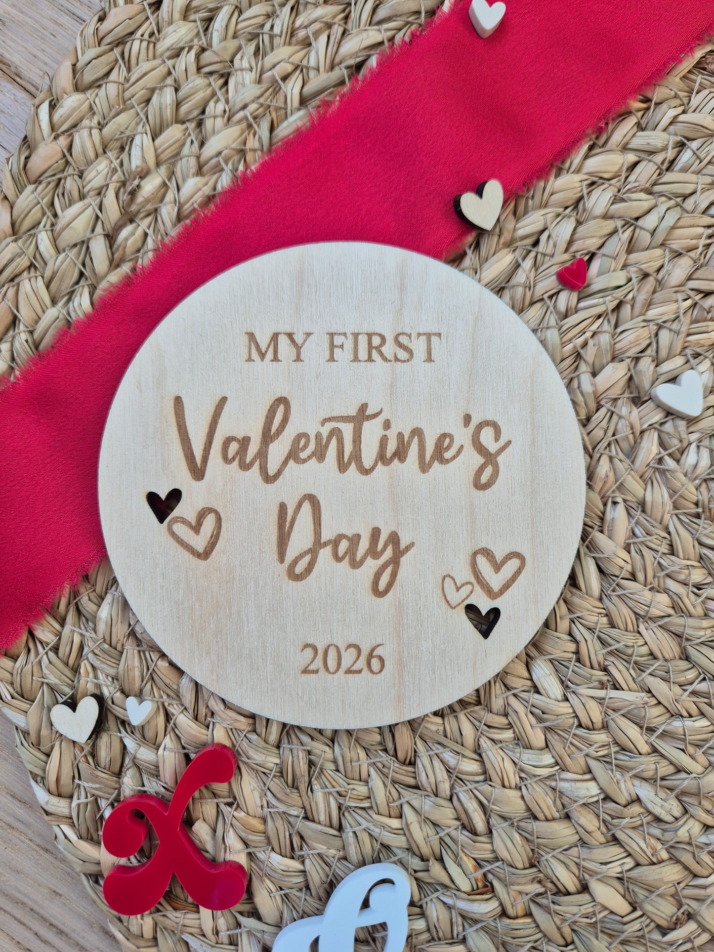 Baby's First Valentine's Engraved Wooden Heart or Disc - Personalised Milestone Photo Prop Keepsake