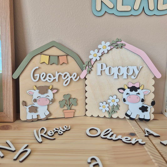 Personalised Cow Barn Name Sign - Farm-themed Nursery and Playroom Shelf Sitter