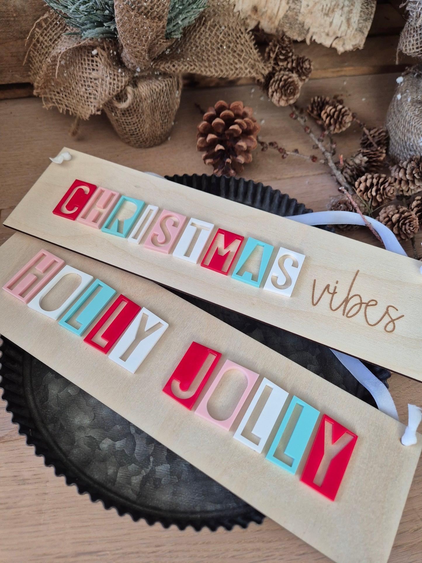 Holly Jolly Retro Acrylic and Wooden Hanging Sign