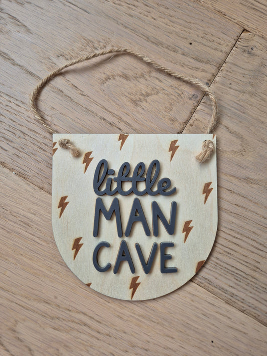 Little Man Cave Lightening Bolt Wooden Hanging Sign