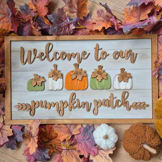 'Welcome to our Pumpkin Patch' Personalised Sign | Large Rustic Wooden Family Wall Art