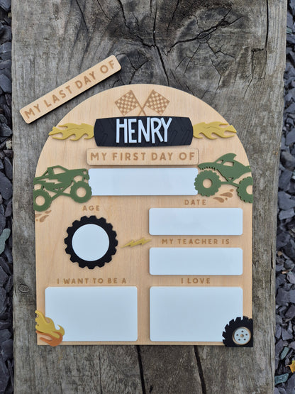 Personalised Monster Truck Back to School Board - Reusable Wooden and Acrylic Sign