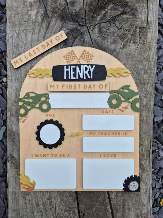 Personalised Monster Truck Back to School Board - Reusable Wooden and Acrylic Sign