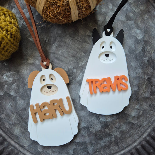 Ghost Dog Halloween Name Tag | Customised Pet Acrylic Keychain Gift