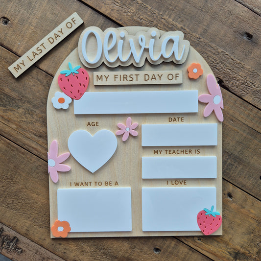 Personalised Strawberry Flowers Back to School Board - Reusable Wooden and Acrylic Sign