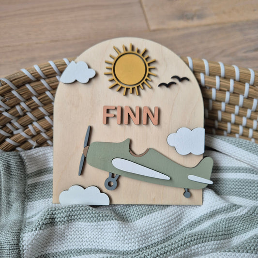 Personalised Vintage Aeroplane Name Sign - Birth Announcement Shelf Sitter