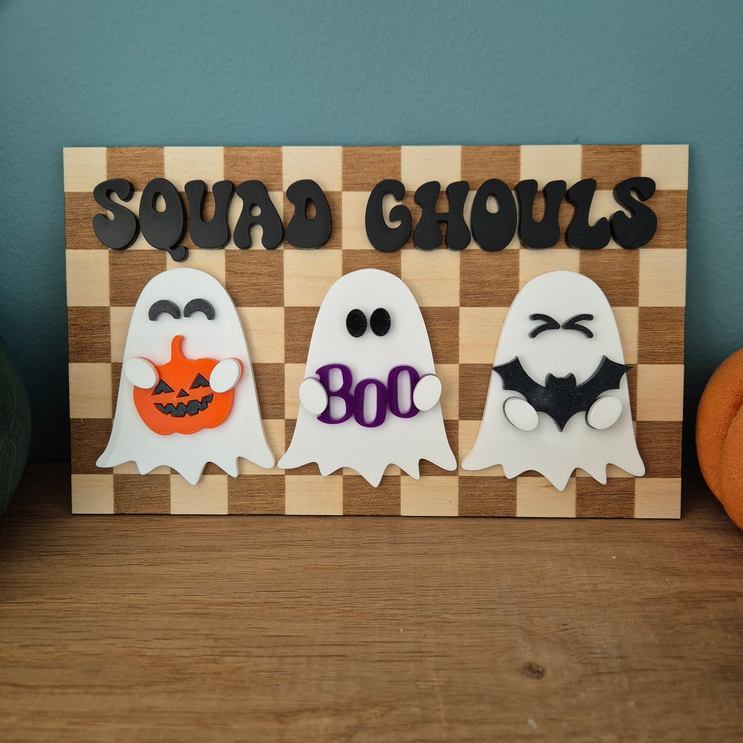 Squad Ghouls Checkerboard Sign | Wooden and Acrylic Ghost Shelf Sitter