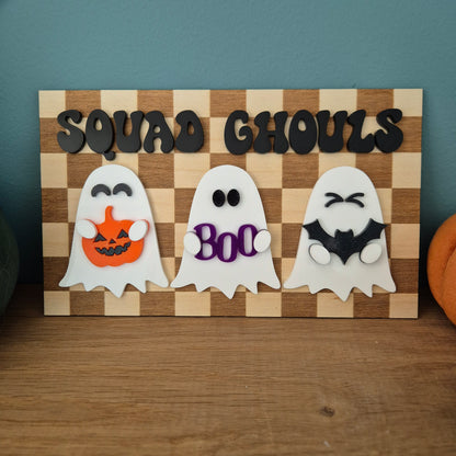 Squad Ghouls Checkerboard Sign | Wooden and Acrylic Ghost Shelf Sitter