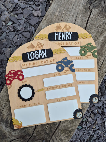 Personalised Monster Truck Back to School Board - Reusable Wooden and Acrylic Sign