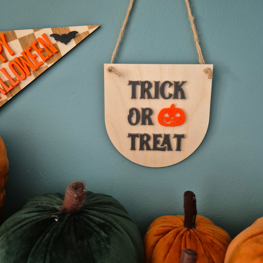 Trick or Treat Hanging Sign | Wooden and Acrylic Halloween Decoration