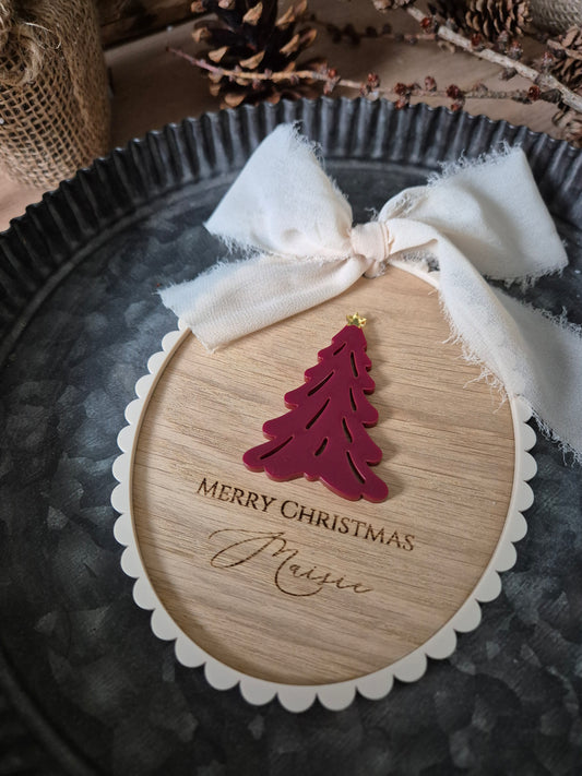 Personalised Merry Christmas Vintage Tree Ornament - Scalloped Edge Oak and Acrylic Baby Milestone Plaque or Stocking Tag