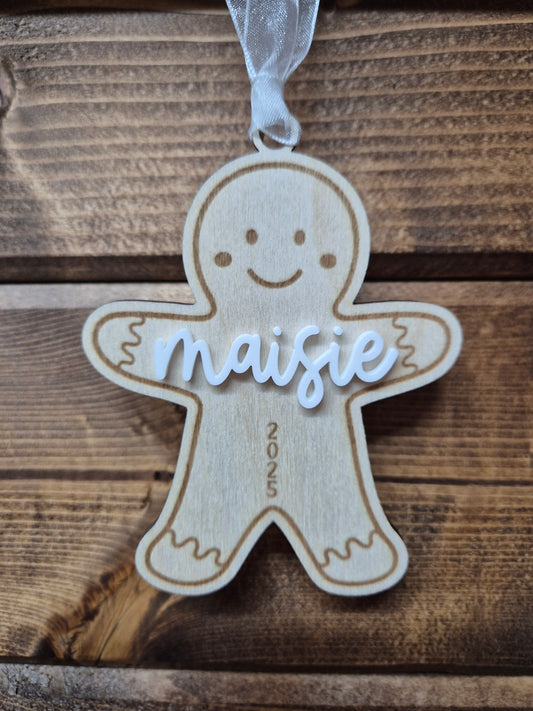 Christmas Gingerbread Man Name Stocking Tag - Wooden and Acrylic Hanging Decoration