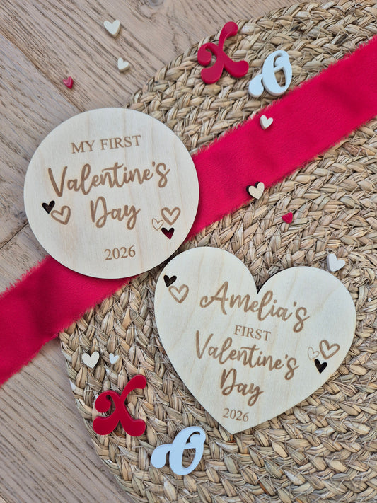 Baby's First Valentine's Engraved Wooden Heart or Disc - Personalised Milestone Photo Prop Keepsake