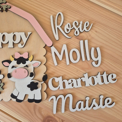 Personalised Cow Barn Name Sign - Farm-themed Nursery and Playroom Shelf Sitter and Door Sign