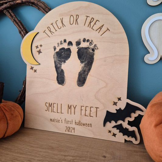 Trick or Treat, Smell my Feet Personalised Sign | Baby Halloween Memory Plaque