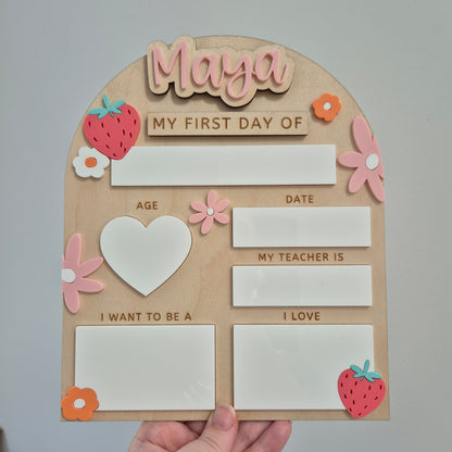 Personalised Strawberry Flowers Back to School Board - Reusable Wooden and Acrylic Sign