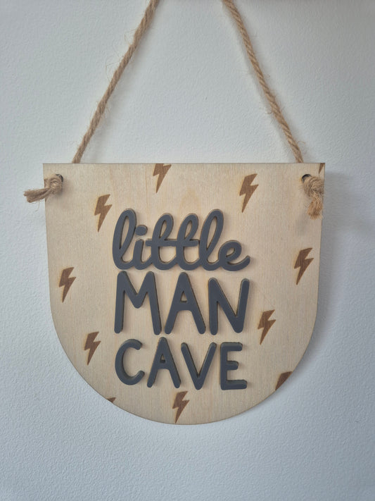 'Little Man Cave' Lightening Bolt Wooden Hanging Sign