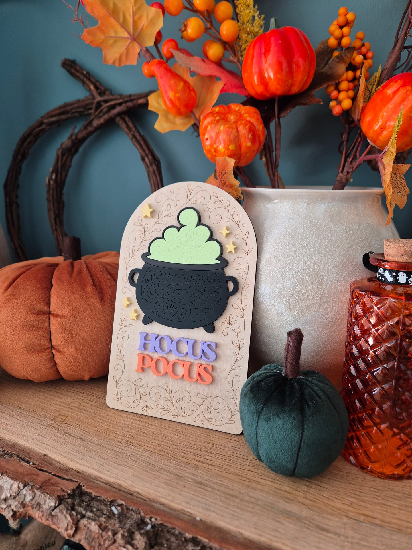 Hocus Pocus Cauldron Shelf Sitter: Engraved Wood and Acrylic Halloween Sign