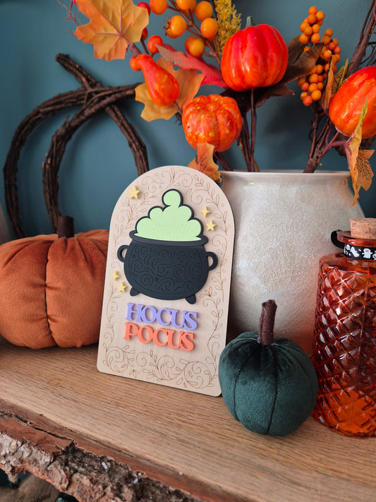 Hocus Pocus Cauldron Shelf Sitter: Engraved Wood and Acrylic Halloween Sign