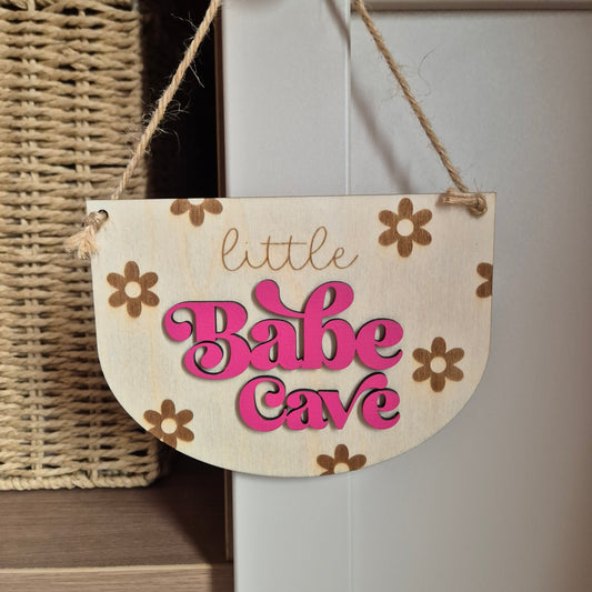 'Little Babe Cave' Retro Daisy Wooden Hanging Sign