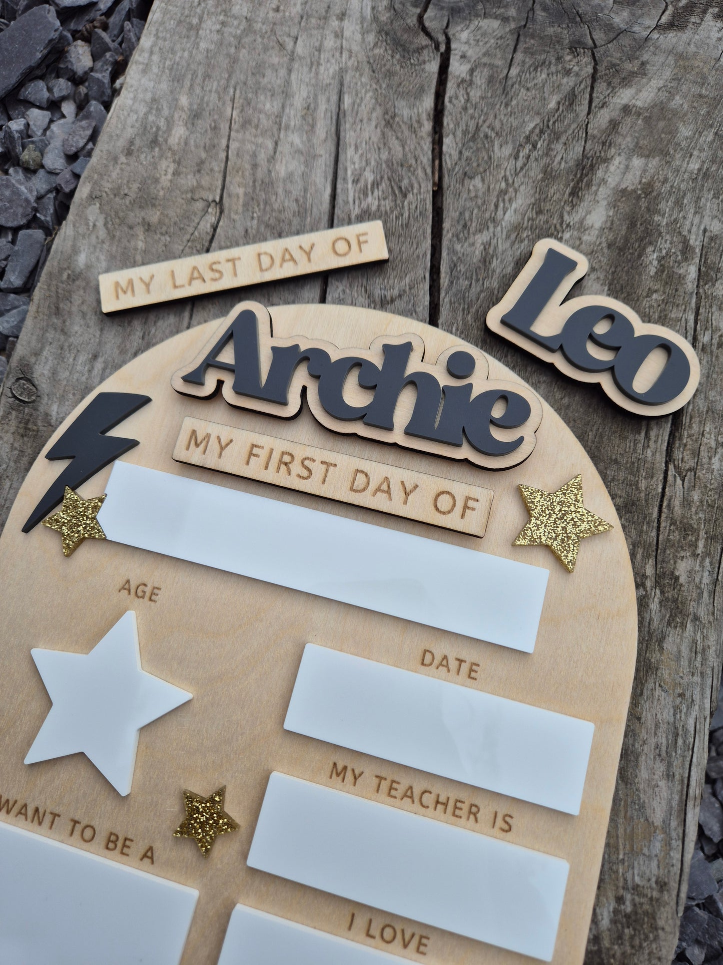 Personalised Lightening Bolt Back to School Board - Reusable Wooden and Acrylic Sign
