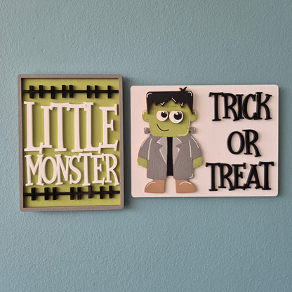Frankenstein Trick or Treat Wooden Sign | Hand-painted Shelf Sitter