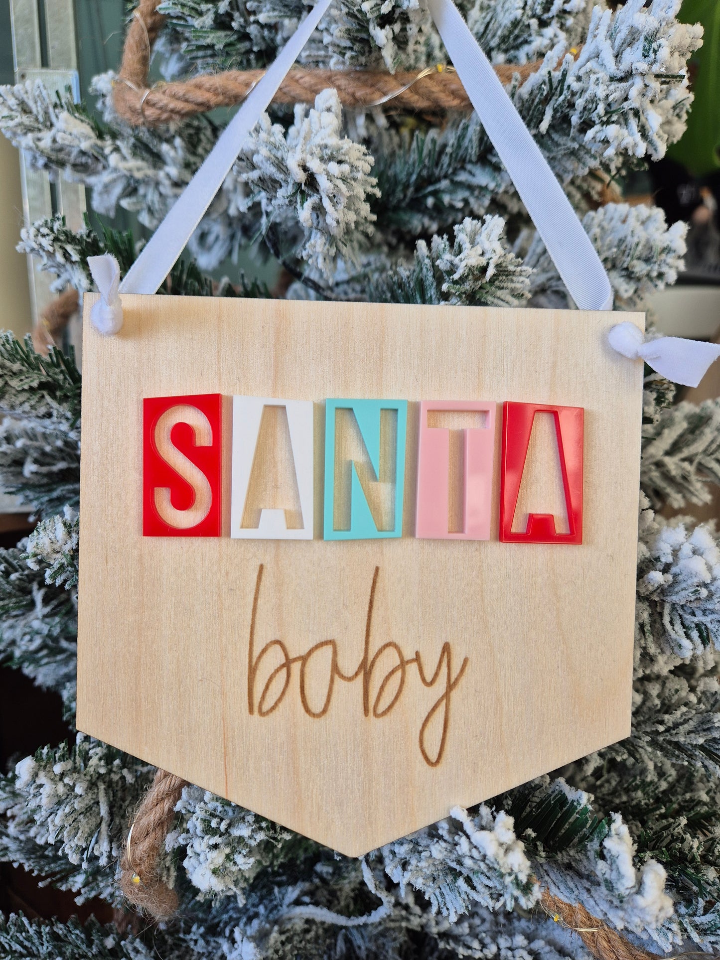 Santa Baby Retro Acrylic and Wooden Flag Hanging Sign
