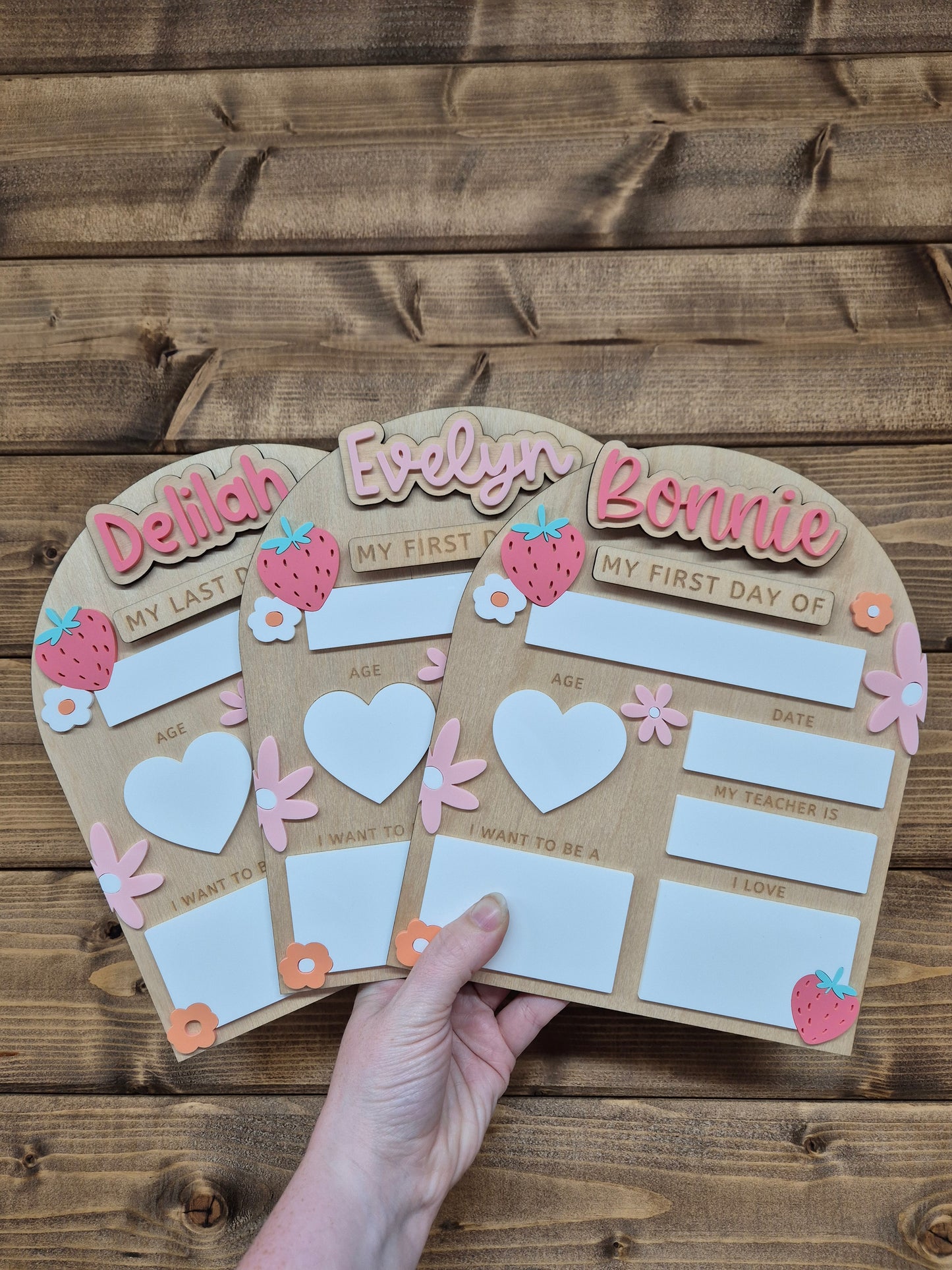 Personalised Strawberry Flowers Back to School Board - Reusable Wooden and Acrylic Sign