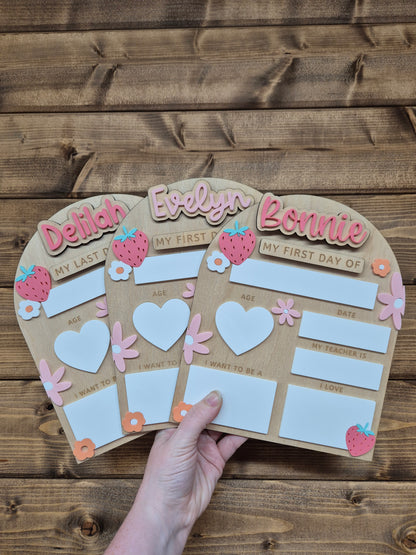 Personalised Strawberry Flowers Back to School Board - Reusable Wooden and Acrylic Sign